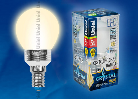 Лампа светодиодная пятилепестковая.LED E14, Uniel, 5W, 120Lm, 3000K, форма "шар", мат. колба, корпус алюм., свет теплый белый, Crystal (LED-G45P-5W/WW/E14/FR ALC02GD)