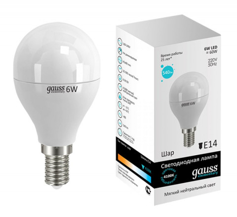 Лампа светодиодная LED E14, GAUSS Elementary Globe, 6W, 4100K (LD53126)