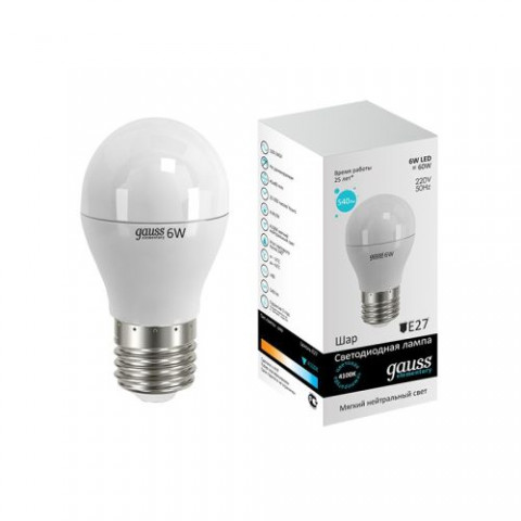 Лампа светодиодная LED E27, GAUSS Elementary Globe, 8W, 4100K, шарик