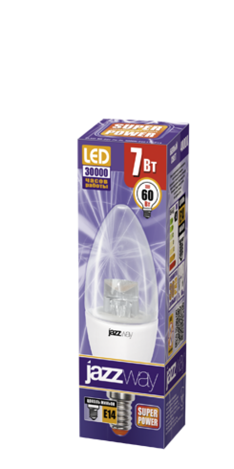 Лампа светодиодная LED E14, Jazzway PLED-SP CLEAR C37, 7W, 4000K, 540Lm, 230V/50Hz (2853127)