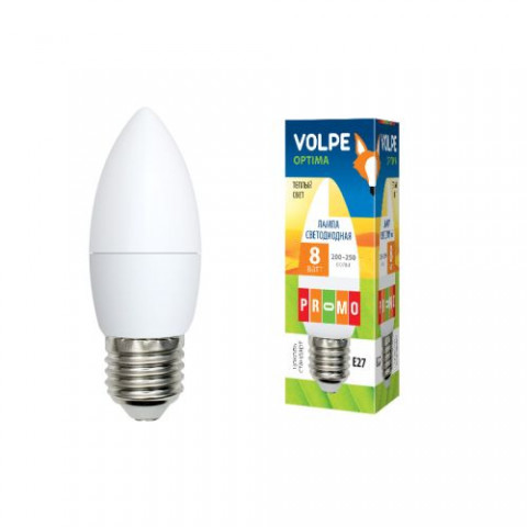 Лампа светодиодная LED Optima, C37, E27, 8W, форма "свеча", матовая, теплый белый свет (3000K), TM Volpe, Uniel (UL-00001770)