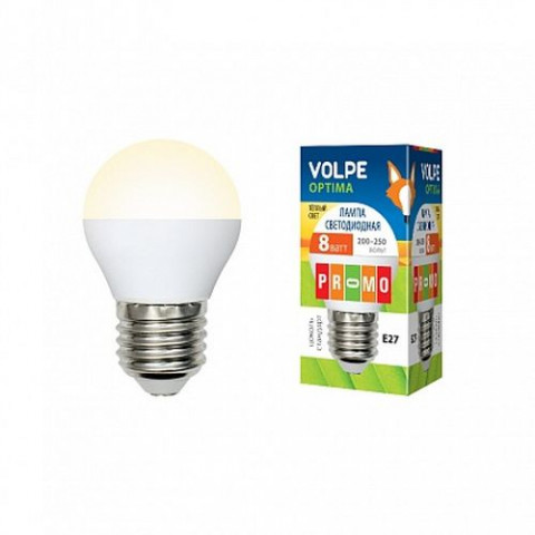 Лампа светодиодная LED Optima, G45, E27, 8W, форма "шар", матовая, теплый белый свет (3000K), TM Volpe, Uniel (UL-00001780)
