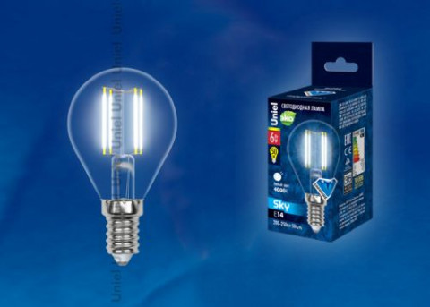 Лампа светодиодная LED Sky, G45, E14, 6W, форма "шар", прозрачная, белый свет (4000K), Uniel (UL-00001371)