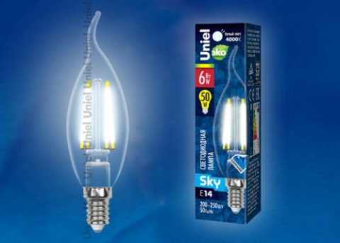 Лампа светодиодная LED Sky, CW35, E14, 6W, форма "свеча на ветру", прозрачная, белый свет (4000K), Uniel (UL-00001374)