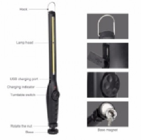 Фонарь светодиодный BORUIT YHX-0318 Worklight Rechargeable 10W, COB-матрица, магнитное основание, поворотный, батарея 3000mA, micro USB