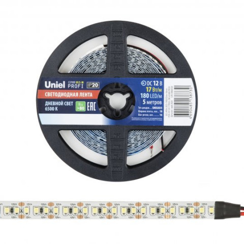 Лента светодиодная Uniel ULS-M16-2835-180LED/m-10mm-IP20-DC12V-17W/m-5M-6500K PROFI, гибкая на самоклеящейся основе, катушка 5м (1 метр) (UL-00007641)