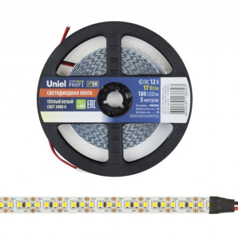 Лента светодиодная Uniel ULS-M16-2835-180LED/m-10mm-IP20-DC12V-17W/m-5M-3000K PROFI, гибкая на самоклеящейся основе, катушка 5м (1 метр) (UL-00007639)