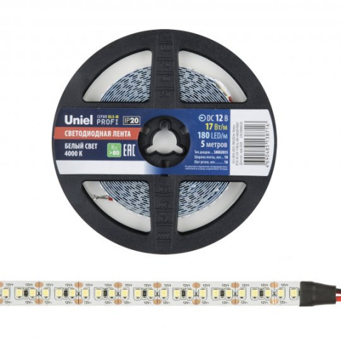 Лента светодиодная Uniel ULS-M16-2835-180LED/m-10mm-IP20-DC12V-17W/m-5M-4000K PROFI, гибкая на самоклеящейся основе, катушка 5м (1 метр) (UL-00007640)