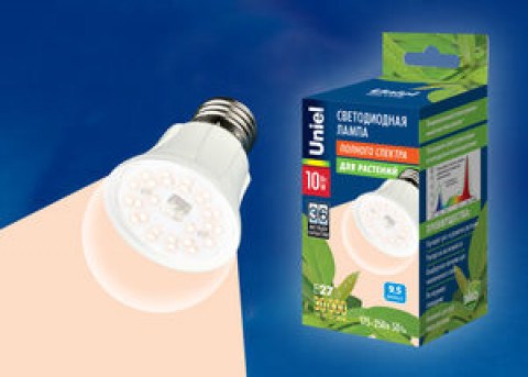 Лампа светодиодная для растений LED-A60-10W/SPFR/E27/CL PLP30WH, форма "А", прозрачная колба, спектр для фотосинтеза, Uniel (UL-00007404)