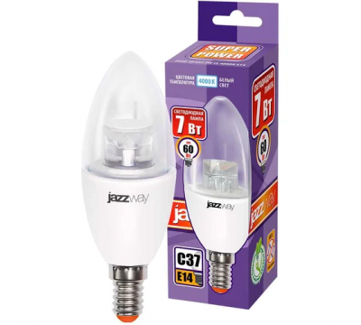 Лампа светодиодная LED E14, Jazzway PLED-SP CLEAR C37, 7W, 4000K, 540Lm, 230V/50Hz (2853127)