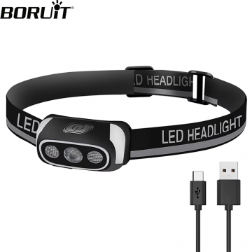 Фонарь светодиодный (налобный) BORUIT YHX-1427, XPE+2RED, micro USB