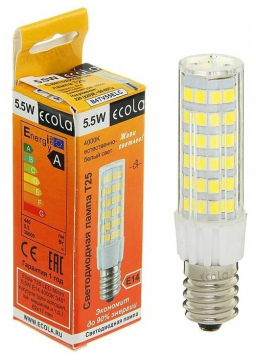 Лампа светодиодная E14, ECOLA, T25, 5.5W, 4000K, кукуруза 340град., 65х16мм  (для холодильников и шв. машин и т.д)